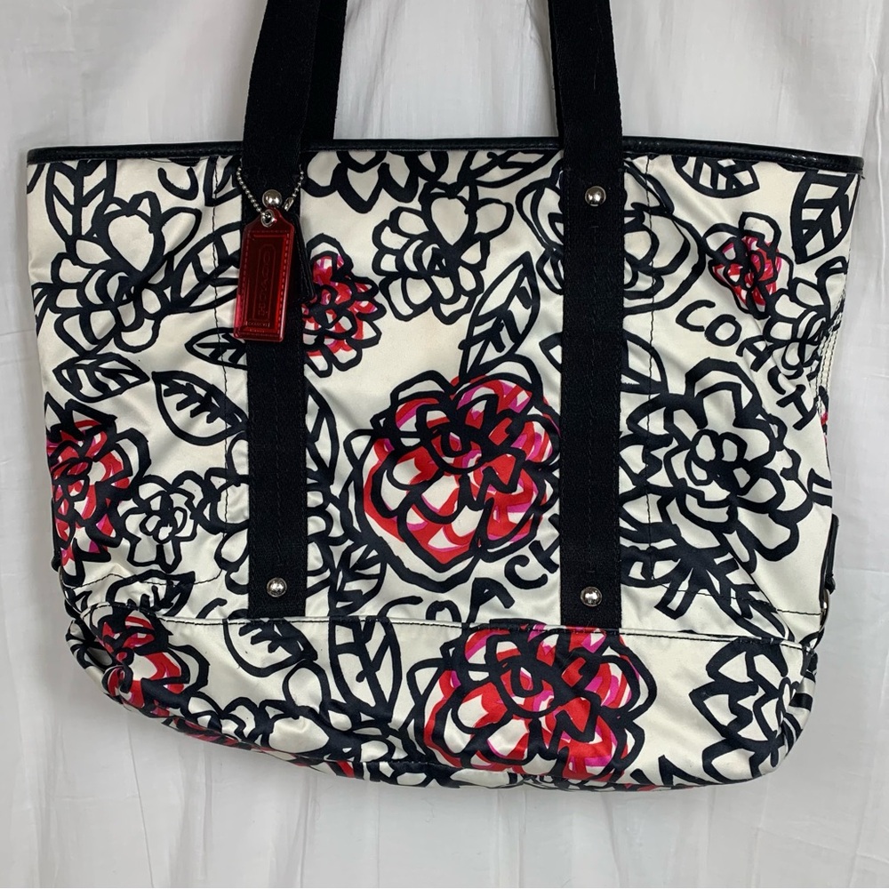 Coach Floral Tote Bag - Black, Red, White